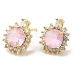 18K gp brass square stud earrings with zirconia & rhinestone 17x15mm; nwot
